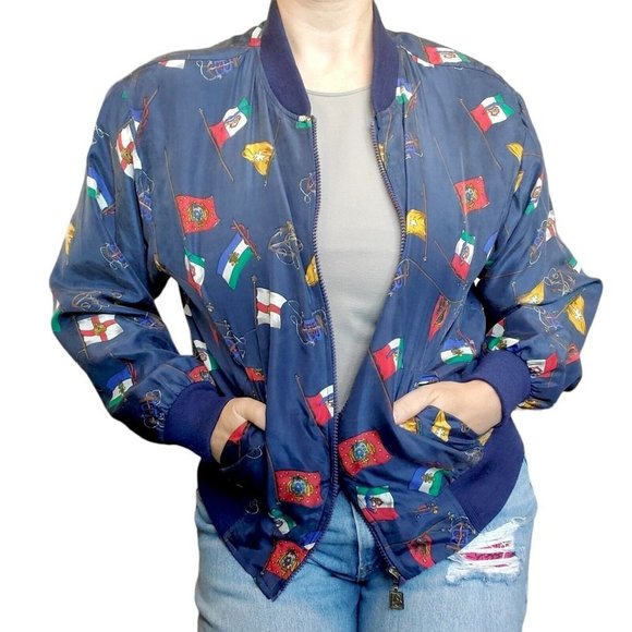 Vintage 90s Navy Blue Silk Womens Bomber Jacket S/M Flags Nautical Yacht - Picture 2 of 10